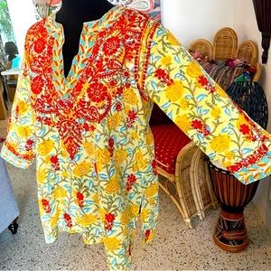AMAYA TEXTILES Yellow Cotton Print Embroidered Tunic! Cotton. Orange Embroidery
